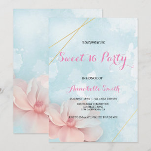 Invitación Marco dorado rosa floral azul acuarela dulce 16