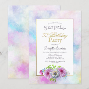 Invitación Marco dorado rosa floral sorprende 30 cumpleaños