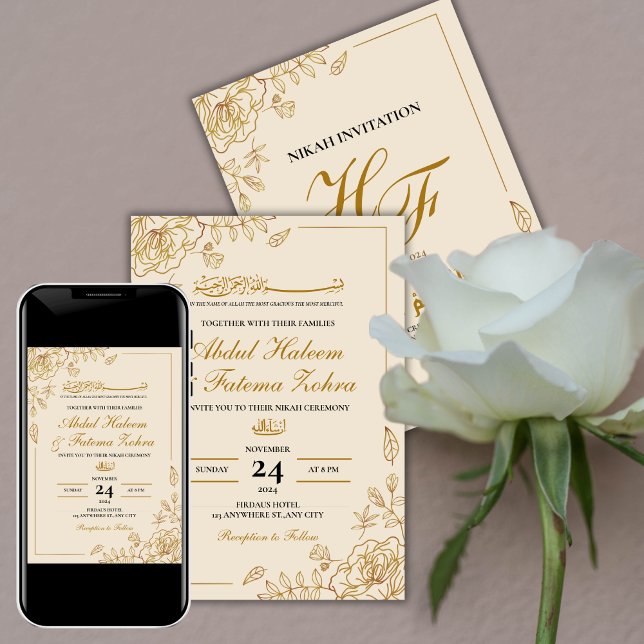 Invitación Marco dorado Rosa Papel blanco elegante Nikah mode (Subido por el creador)