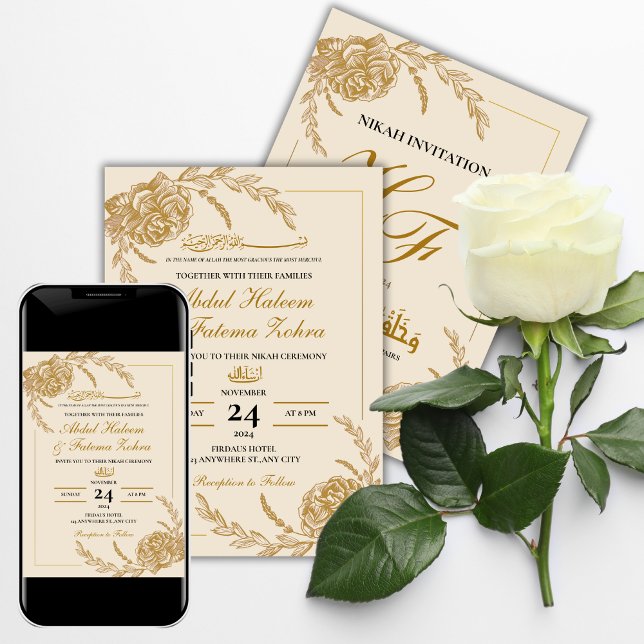 Invitación Marco dorado Rosa Papel blanco elegante Nikah mode (Subido por el creador)