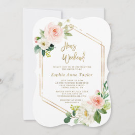 Invitación Marco dorado rosado con flores Hens Bachelorette W