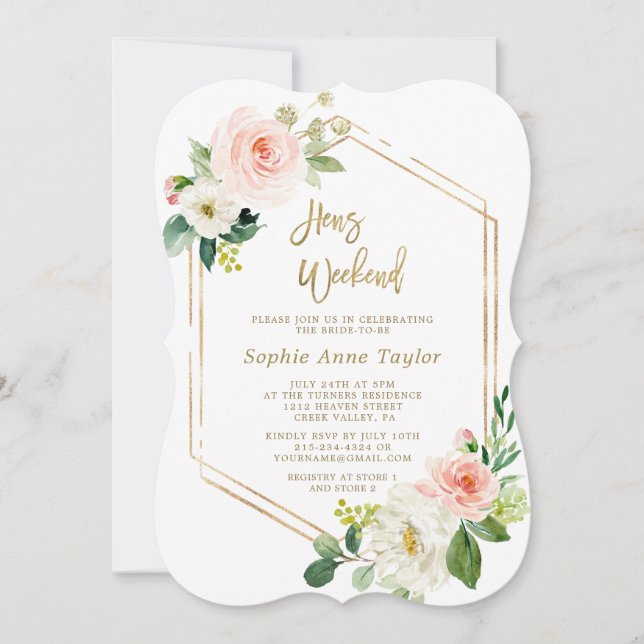 Invitación Marco dorado rosado con flores Hens Bachelorette W (Anverso)