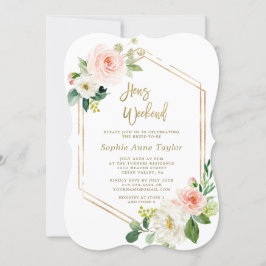 Invitación Marco dorado rosado con flores Hens Bachelorette W