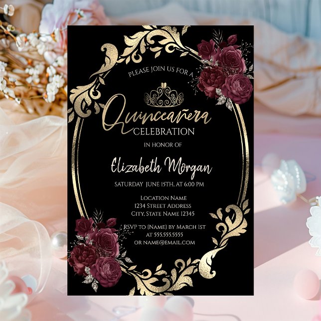 Invitación Marco dorado Rosas de Borgoña Negro Quinceañera (Subido por el creador)