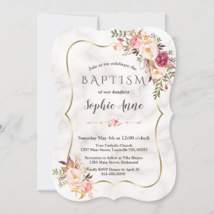 Invitación Marco dorado Rubor Marble rosa floral bautizo