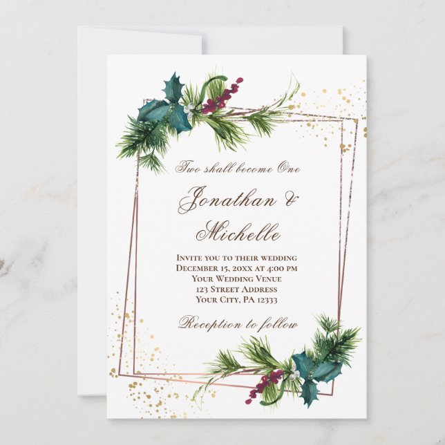 Invitación Marco dorado simple Evergreen Boda cristiano (Anverso)