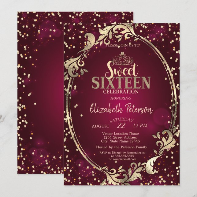 Invitación Marco dorado Tiara, Diamonds Borgoña Sweet 16 Fies (Anverso / Reverso)