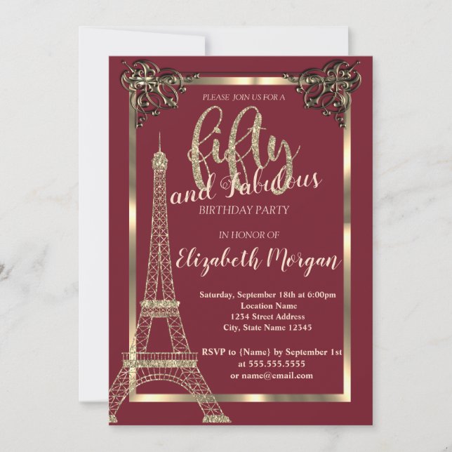 Invitación Marco dorado, Torre Eiffel Borgoña 50 cumpleaños (Anverso)