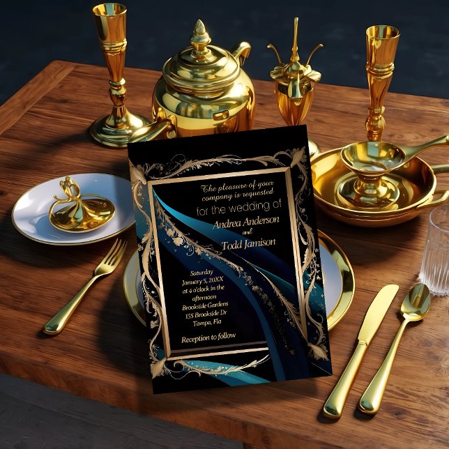 Invitación Marco dorado verde azulado boda negro azul (Subido por el creador)