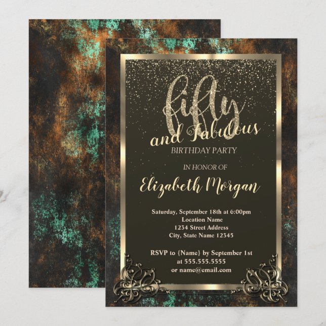 Invitación Marco dorado Verde azulado Cooper Patina 50 (Anverso / Reverso)