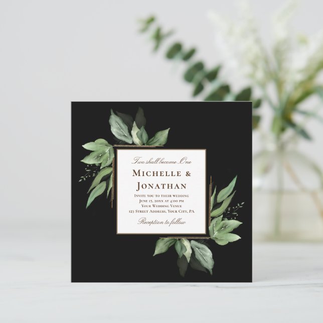 Invitación Marco dorado verde sobre Boda cristiano negro (Anverso de pie)