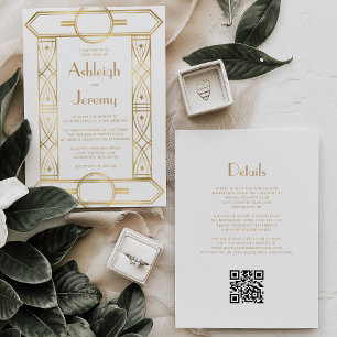 Invitación Marco dorado vintage deco blanco código QR boda