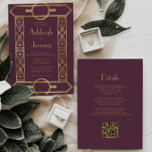 Marco dorado vintage deco burgundy código QR boda