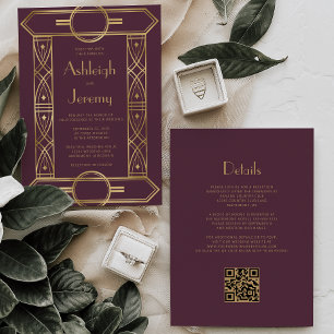 Invitación Marco dorado vintage deco burgundy código QR boda