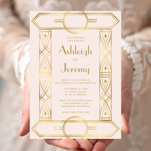 Invitación Marco dorado vintage deco rosa pálido boda