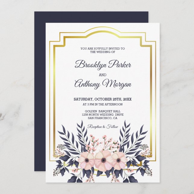 Invitación Marco Dorado Y Boda De Bouquet De Flores (Anverso / Reverso)