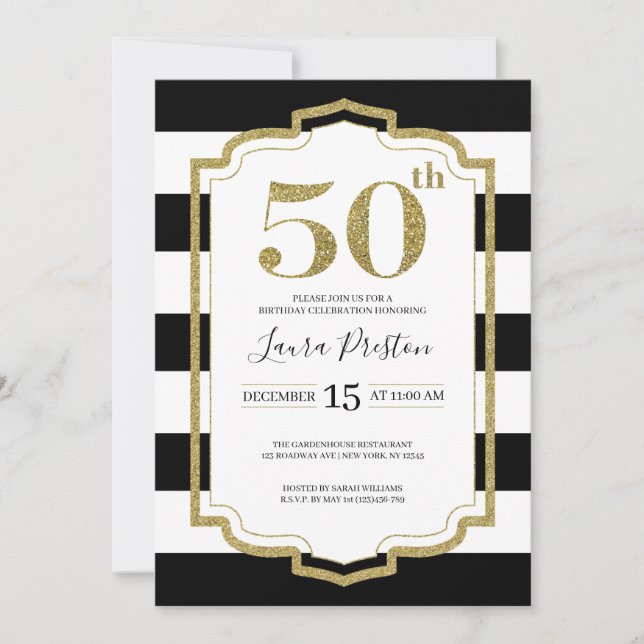 Invitación Marco dorado y franjas negras Purpurina 50 cumplea (Anverso)