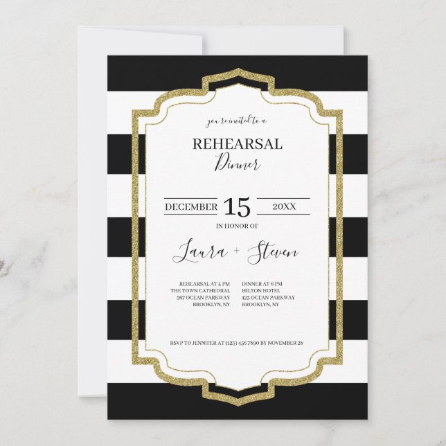 Invitación Marco dorado y rayas negras Encender (Anverso)