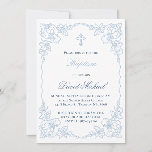 Invitación marco elegante azul pastel Bautizo (Anverso)