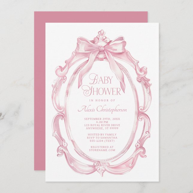 Invitación Marco elegante + Baby Shower Bow rosa (Anverso / Reverso)