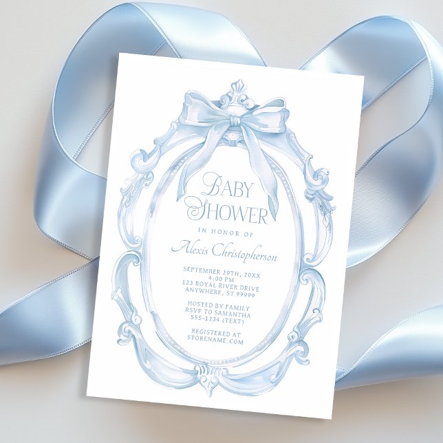 Invitación Marco elegante + Baby Shower de color azul (Shown on a 5" x 7" card)