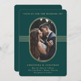 Invitación Marco elegante | Boda fotográfico verde y dorado