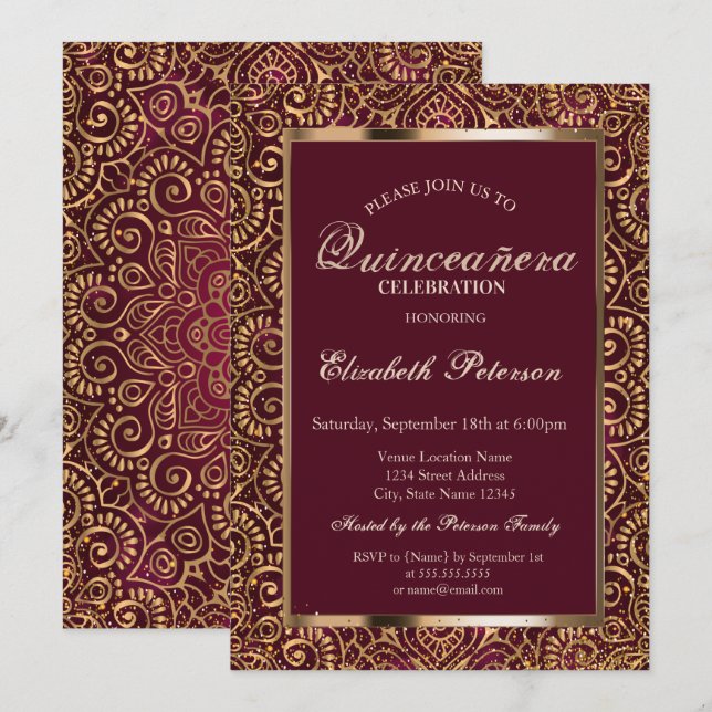 Invitación Marco elegante Confetti Gold Mandala Quinceañera (Anverso / Reverso)