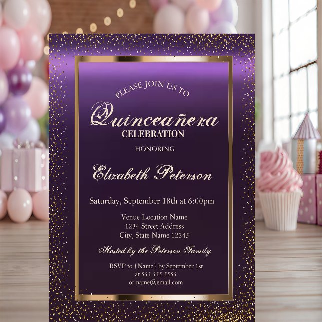 Invitación Marco elegante Confetti Purple Quinceañera (Subido por el creador)