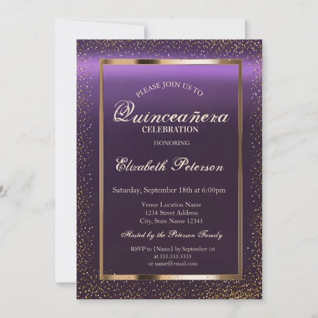 Invitación Marco elegante Confetti Purple Quinceañera (Anverso)