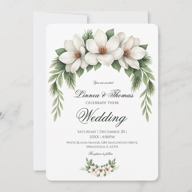 Invitación Marco elegante de árbol de pino Boda de magnolia b (Anverso)