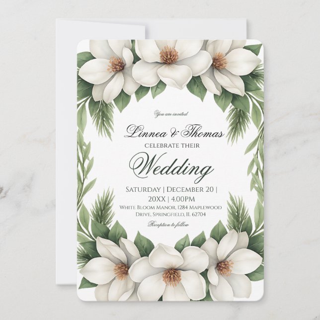 Invitación Marco elegante de árbol de pino Boda de magnolia b (Anverso)