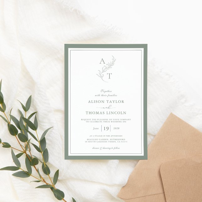 Invitación Marco elegante de Boda de monograma verde sabio (Subido por el creador)