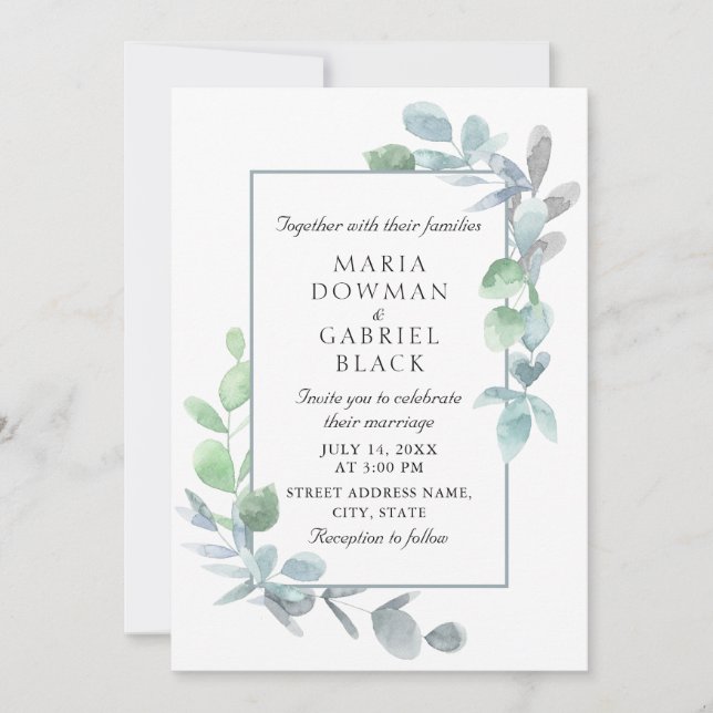 Invitación Marco elegante de hojas de oliva. Boda botánico (Anverso)