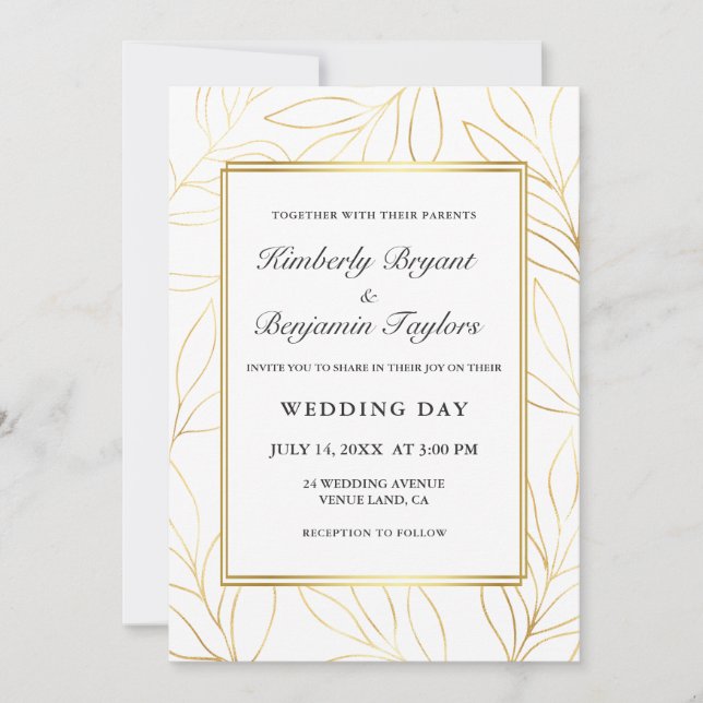 Invitación Marco elegante. Foliage Gold Airy. Boda de moda (Anverso)