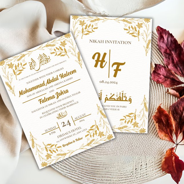 Invitación Marco elegante moderno de flor de oro blanco Nikah (Subido por el creador)