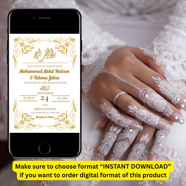 Invitación Marco elegante moderno de flor de oro blanco Nikah (Subido por el creador)