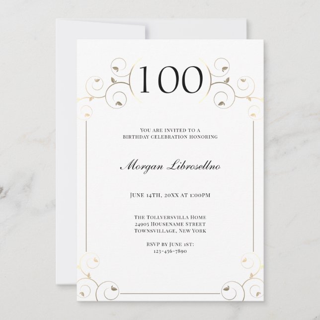 Invitación Marco elegante Oro Blanco 100 cumpleaños (Anverso)
