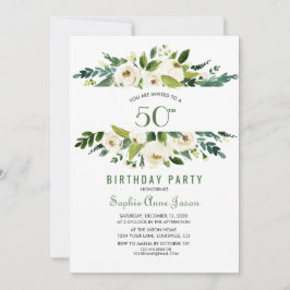 Invitación Marco floral acuarela blanco cumpleaños 50