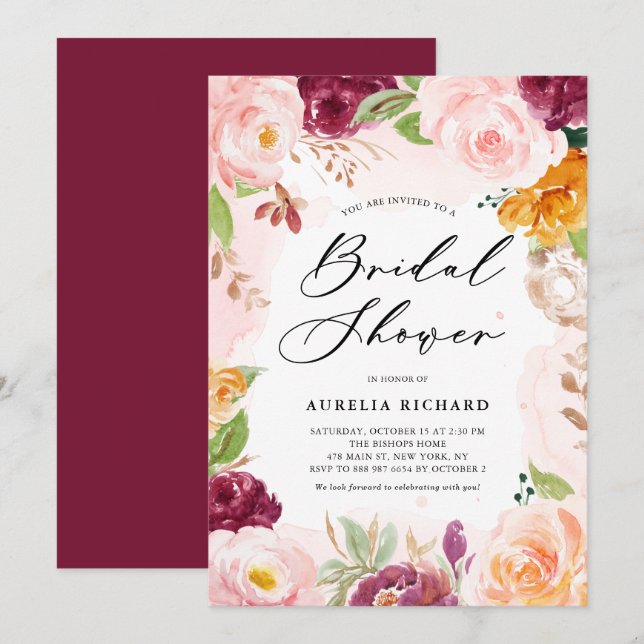 Invitación Marco floral acuarela boho de otoño para despedida (Anverso / Reverso)