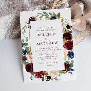 Invitación Marco floral acuarela burgundia flor boda
