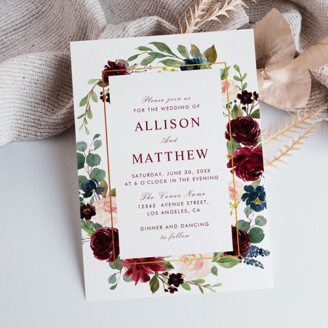 Invitación Marco floral acuarela burgundia flor boda (Subido por el creador)