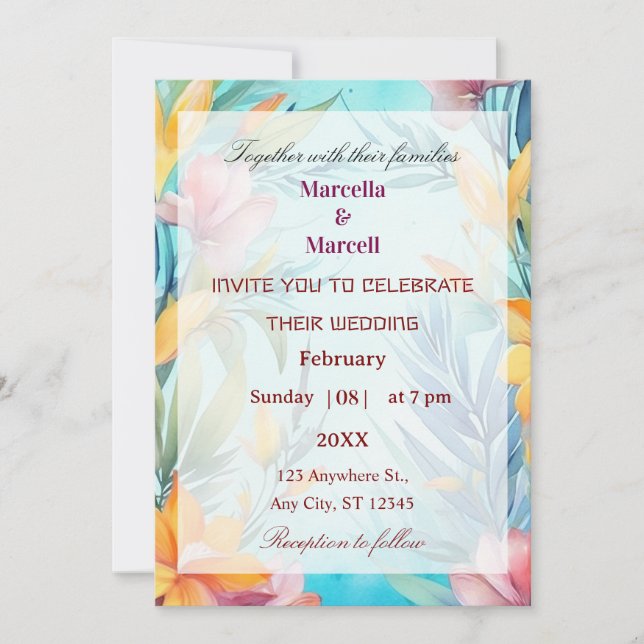 Invitación Marco floral acuarela en azul suave (Anverso)