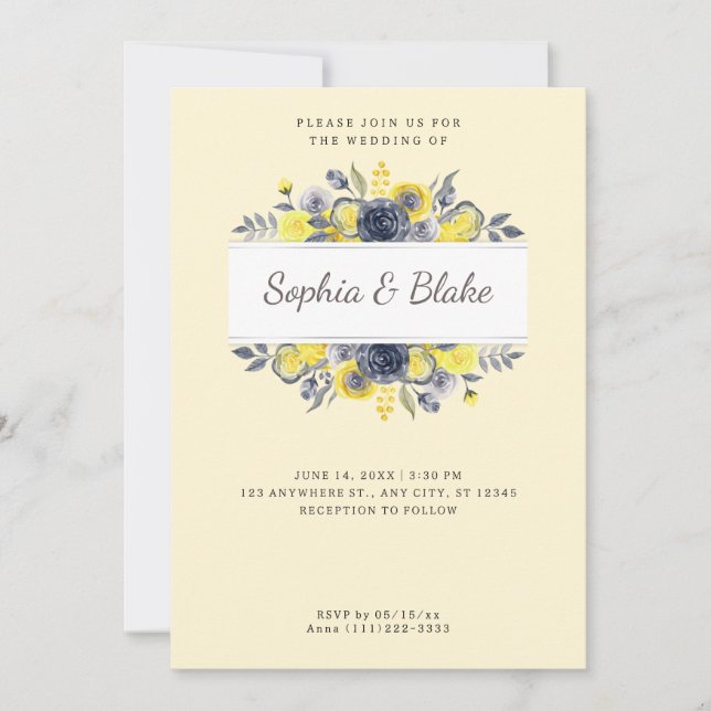 Invitación Marco floral amarillo y azul Boda amarillo (Anverso)