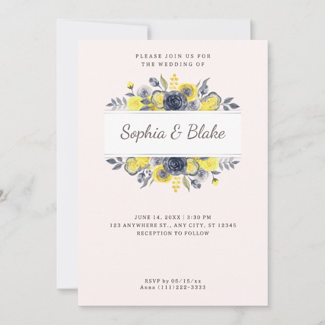 Invitación Marco floral amarillo y azul Boda rosa pálido (Anverso)