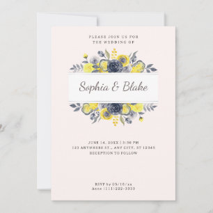 Invitación Marco floral amarillo y azul Boda rosa pálido