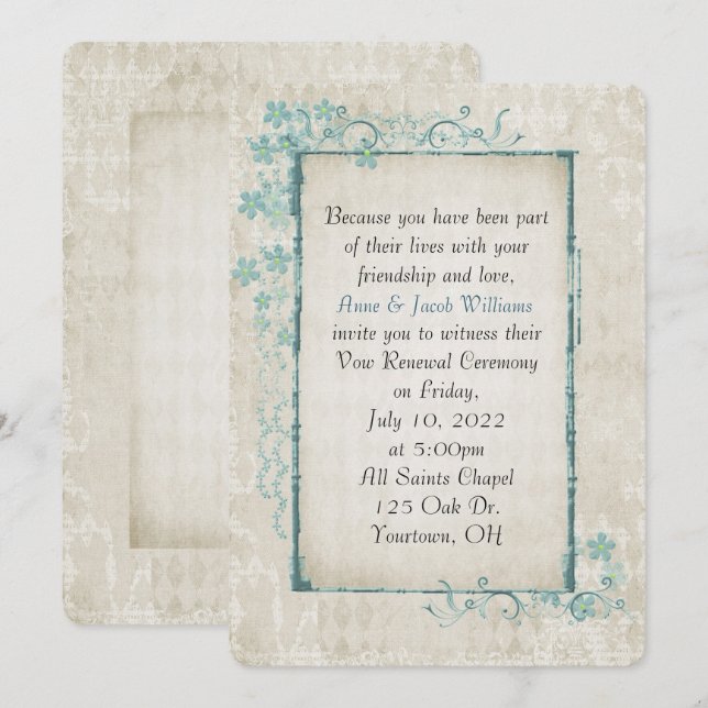 Invitación marco floral antiguo turquesa para la renovación d (Anverso / Reverso)