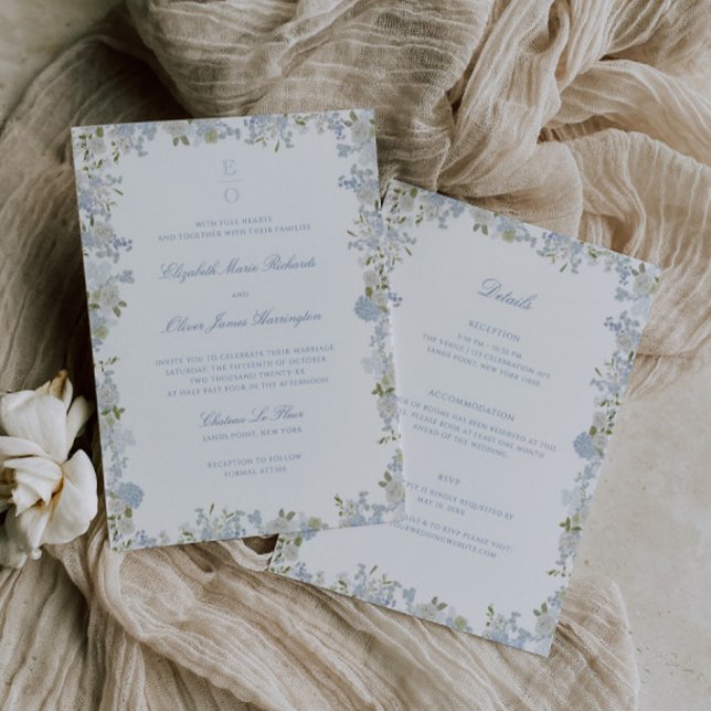 Invitación Marco floral azul azul romántico en un solo Boda (Subido por el creador)