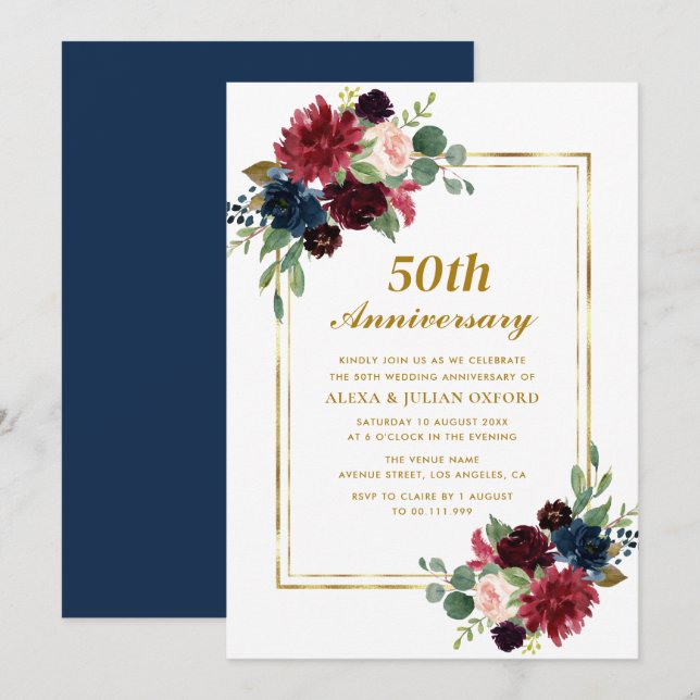 Invitación marco floral azul marino burdeos 50 aniversario (Anverso / Reverso)