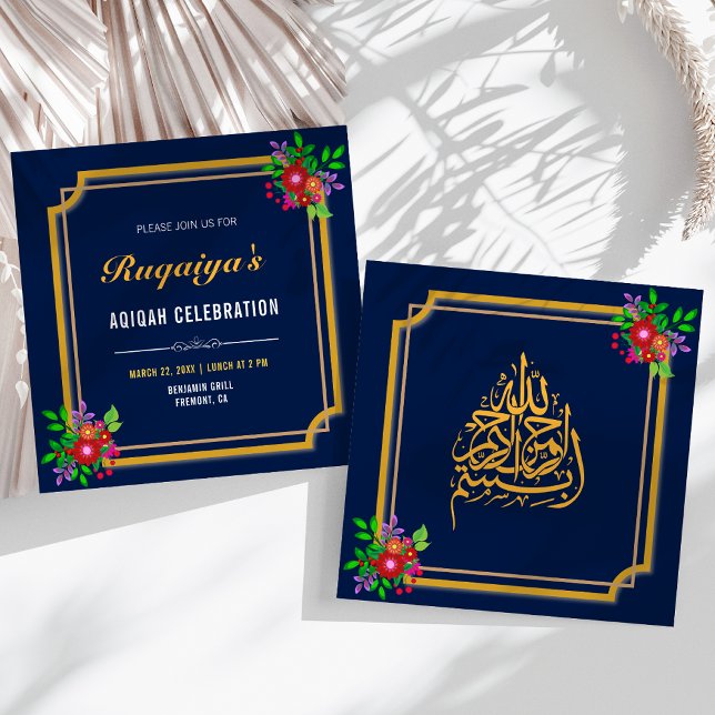 Invitación Marco floral azul oscuro para Aqiqah de niña bebé (Subido por el creador)