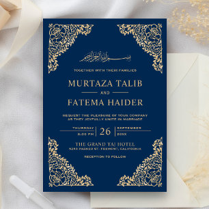 Invitación Marco Floral Azul y Dorado Boda Musulmana Islámica
